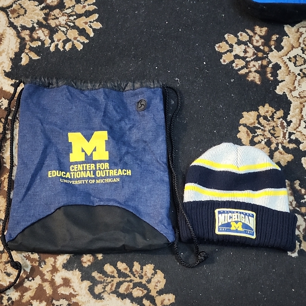 BUNDLE! University of Michigan Blue and Yellow Beanie & Drawstring Bag Set